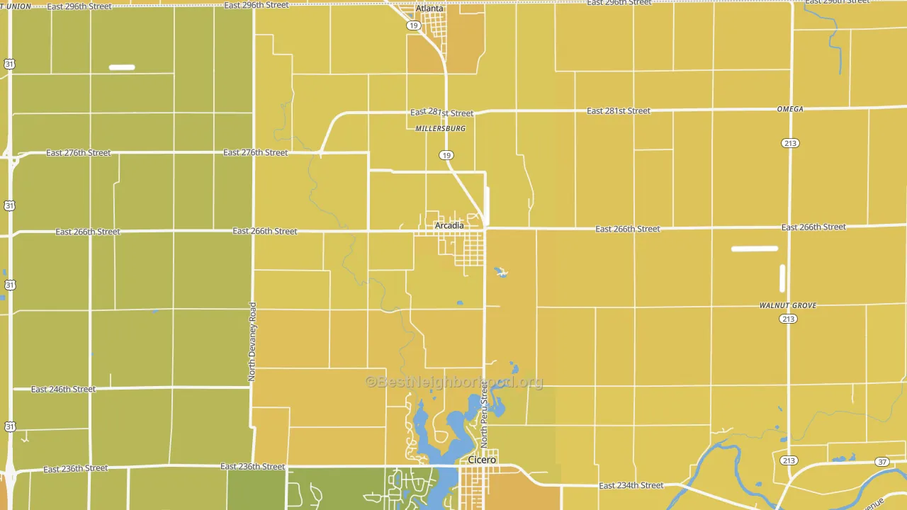 Map of the best neighborhoods in the 46030 area, with better matches in green and worse matches in red