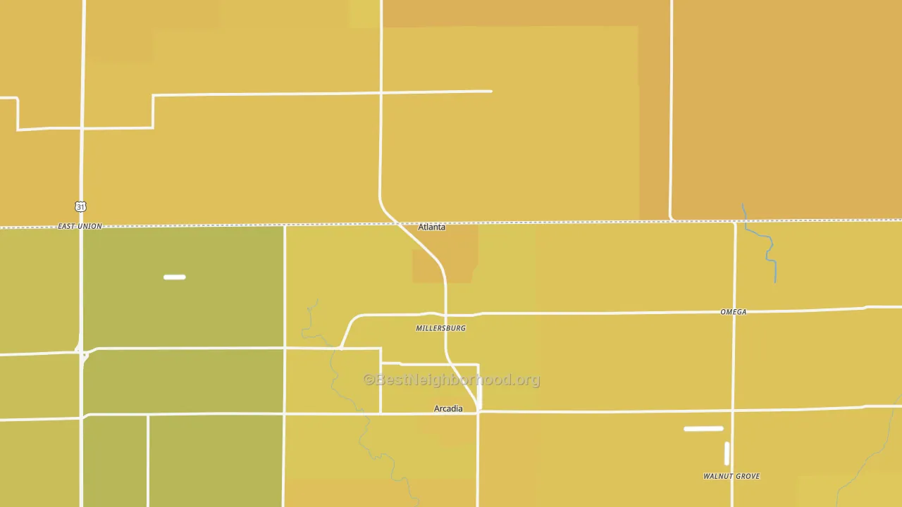 Map of the best neighborhoods in the 46031 area, with better matches in green and worse matches in red