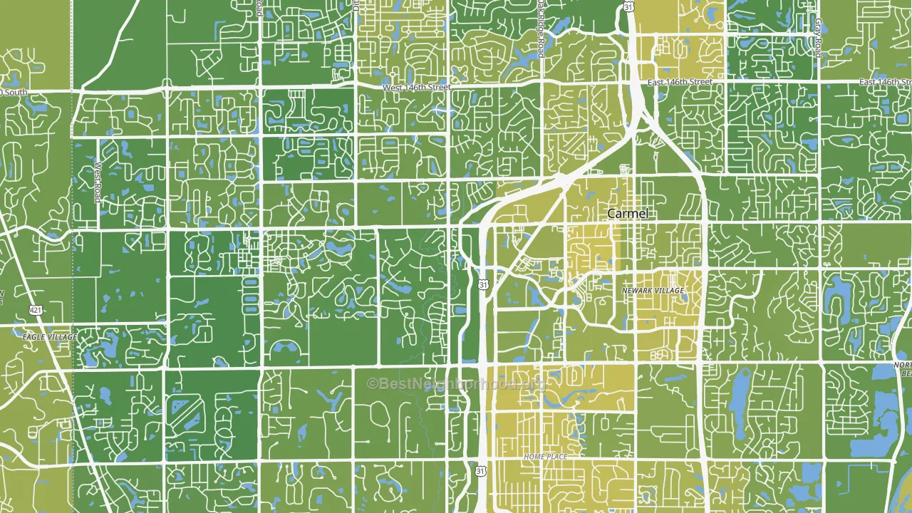Map of the best neighborhoods in the 46032 area, with better matches in green and worse matches in red