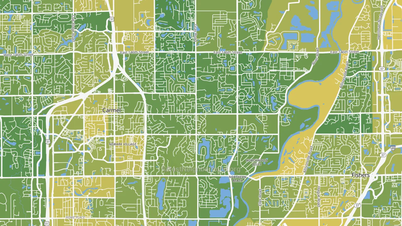 Map of the best neighborhoods in the 46033 area, with better matches in green and worse matches in red