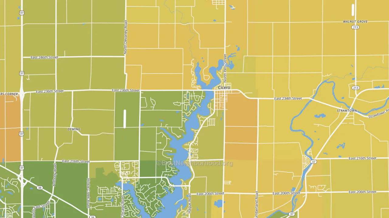 Map of the best neighborhoods in the 46034 area, with better matches in green and worse matches in red