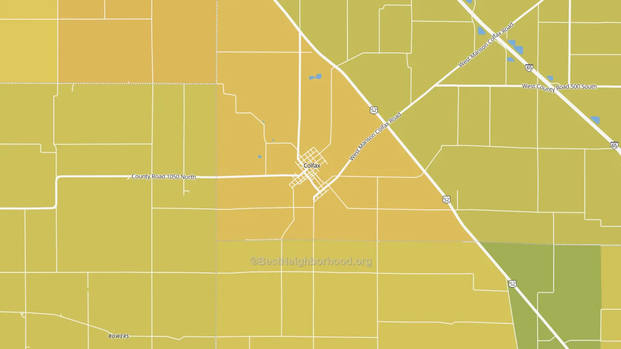 Map of the best neighborhoods in the 46035 area, with better matches in green and worse matches in red