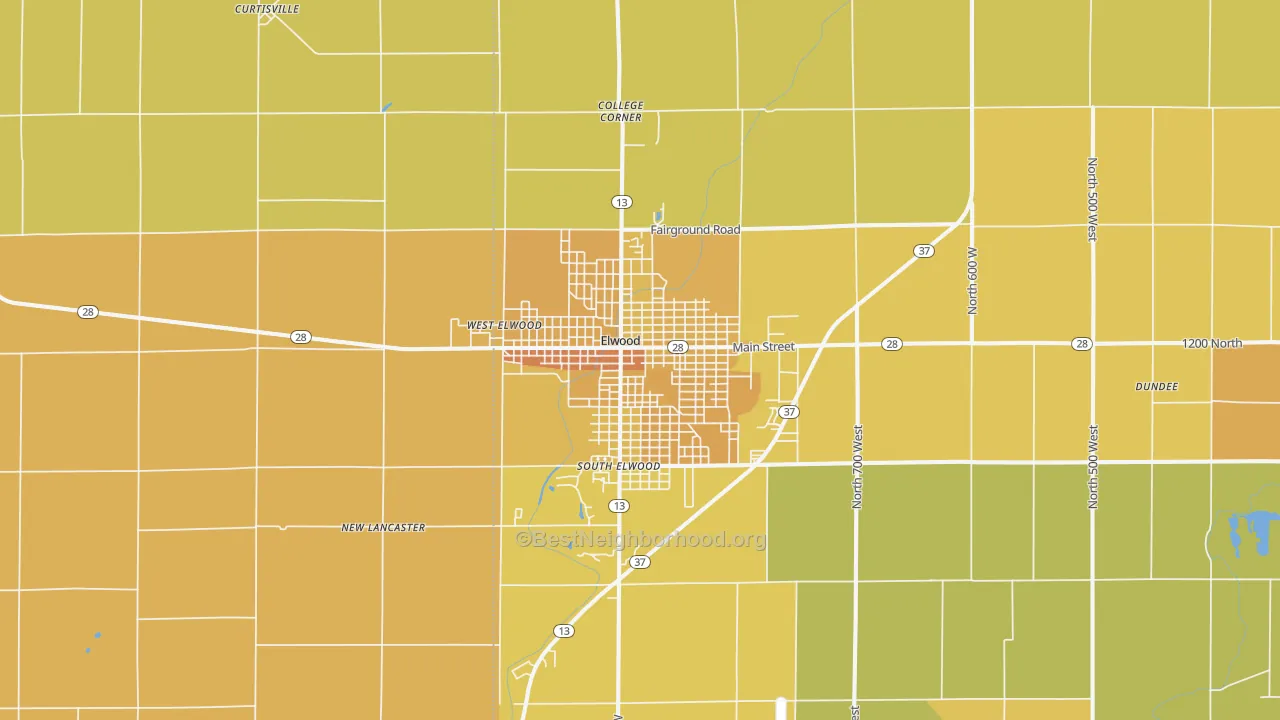 Map of the best neighborhoods in the 46036 area, with better matches in green and worse matches in red