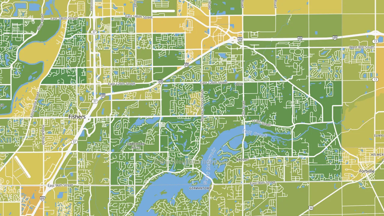 Map of the best neighborhoods in the 46037 area, with better matches in green and worse matches in red
