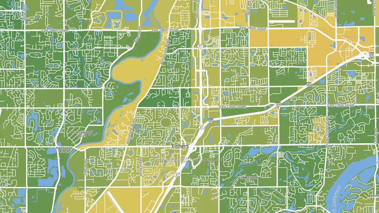 Map of the best neighborhoods in the 46038 area, with better matches in green and worse matches in red