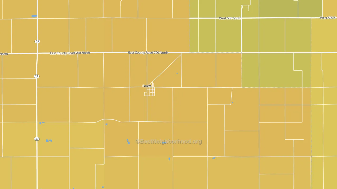 Map of the best neighborhoods in the 46039 area, with better matches in green and worse matches in red