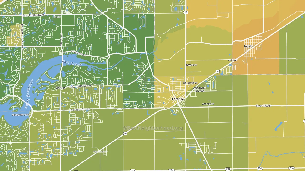 Map of the best neighborhoods in the 46040 area, with better matches in green and worse matches in red