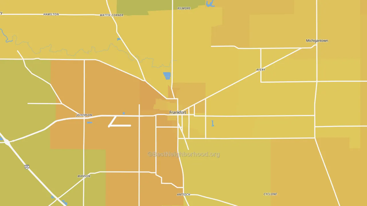 Map of the best neighborhoods in the 46041 area, with better matches in green and worse matches in red