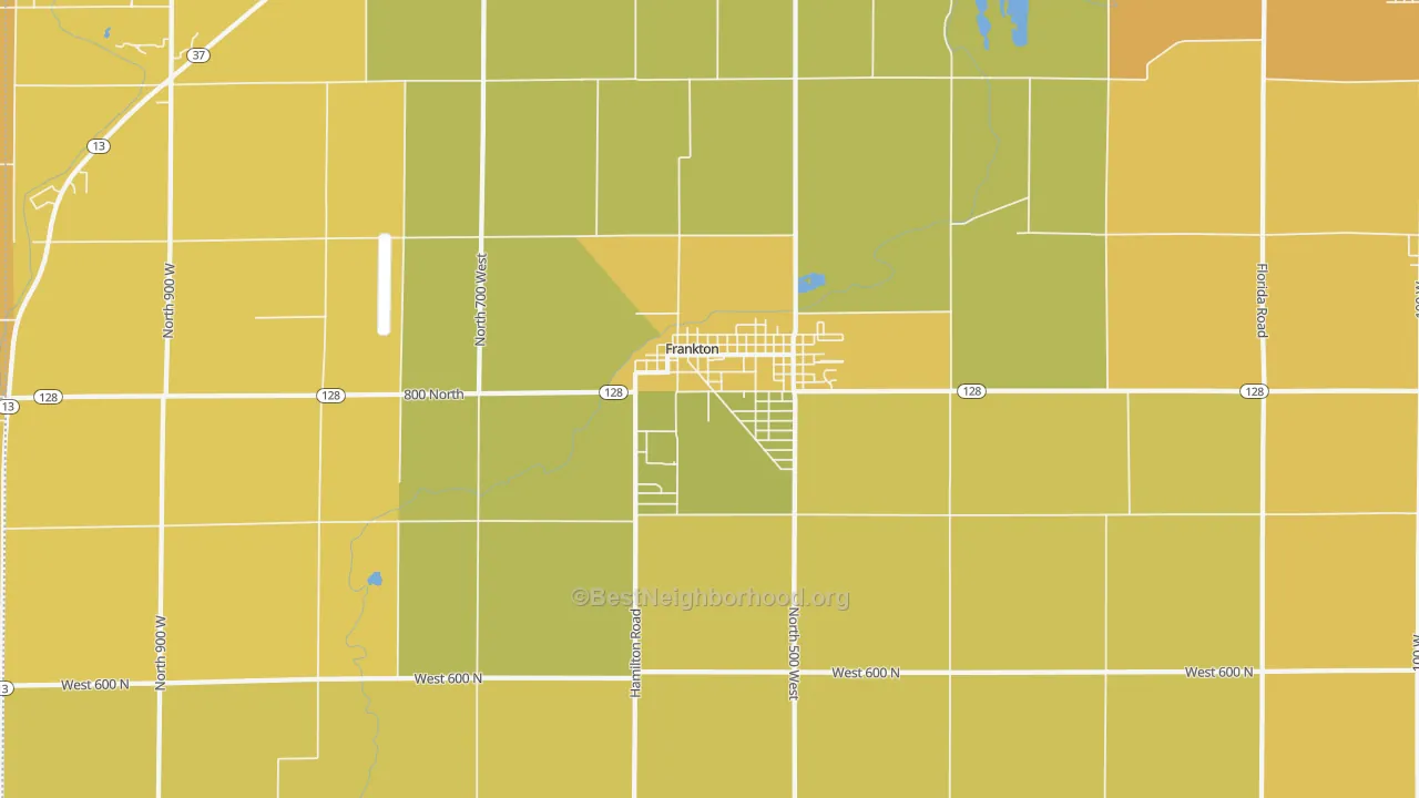 Map of the best neighborhoods in the 46044 area, with better matches in green and worse matches in red