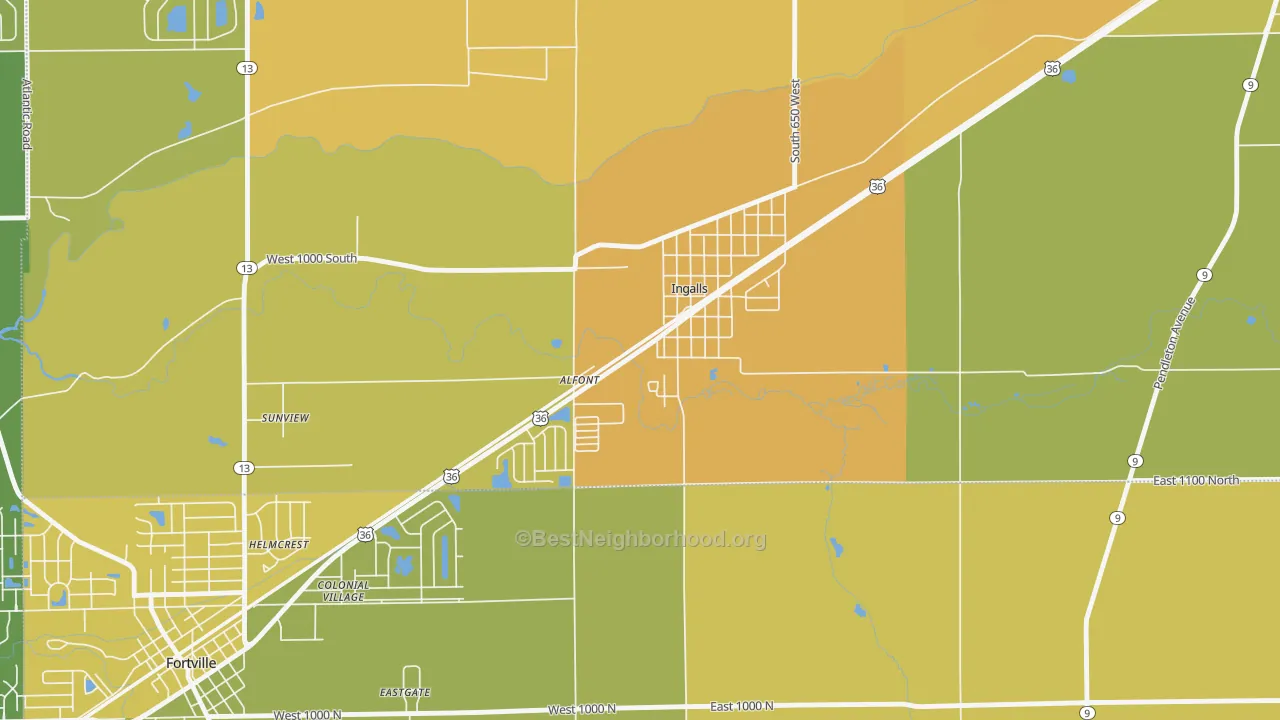 Map of the best neighborhoods in the 46048 area, with better matches in green and worse matches in red