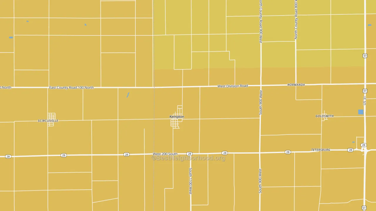Map of the best neighborhoods in the 46049 area, with better matches in green and worse matches in red