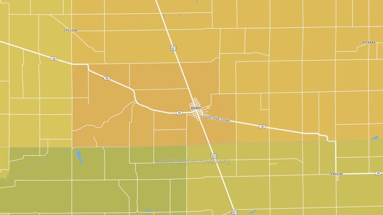 Map of the best neighborhoods in the 46050 area, with better matches in green and worse matches in red