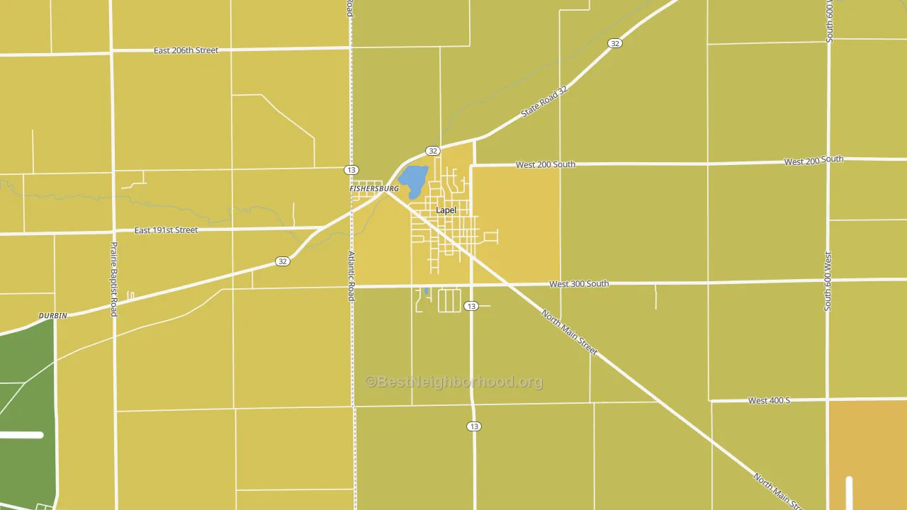 Map of the best neighborhoods in the 46051 area, with better matches in green and worse matches in red