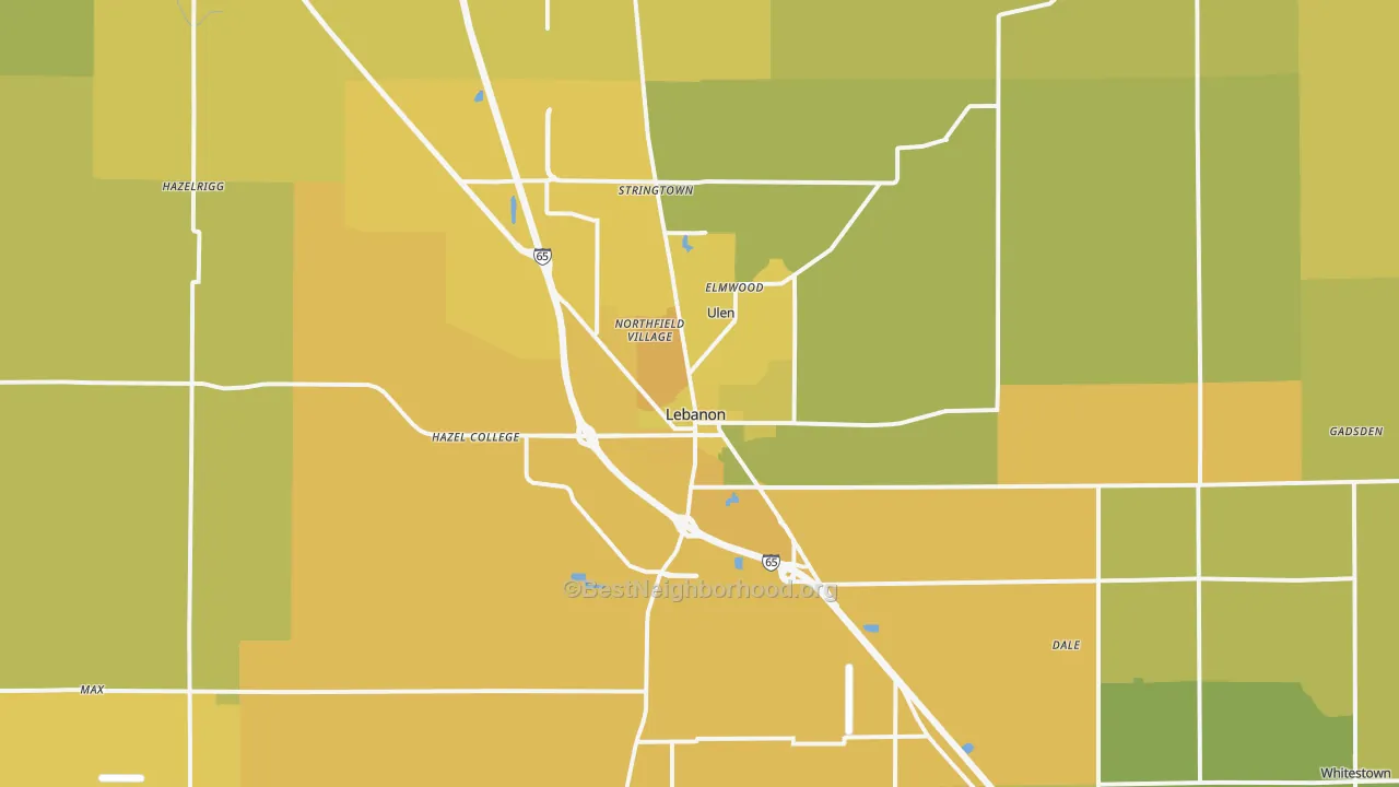 Map of the best neighborhoods in the 46052 area, with better matches in green and worse matches in red