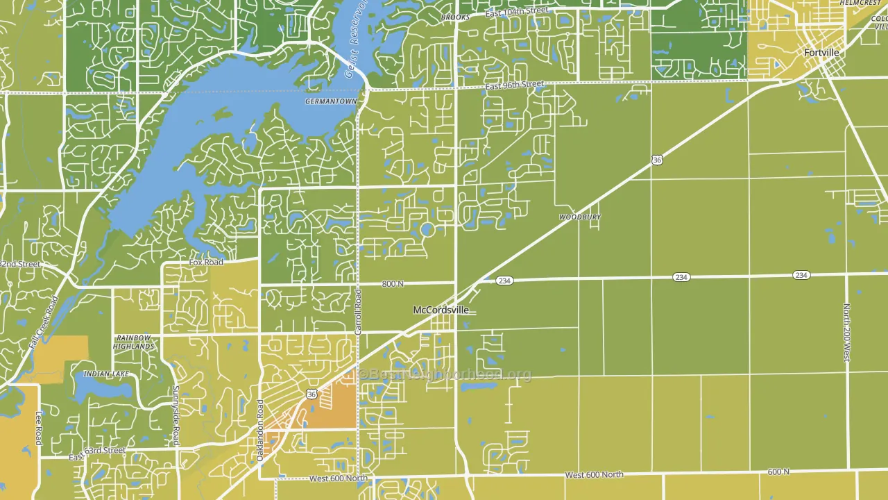 Map of the best neighborhoods in the 46055 area, with better matches in green and worse matches in red