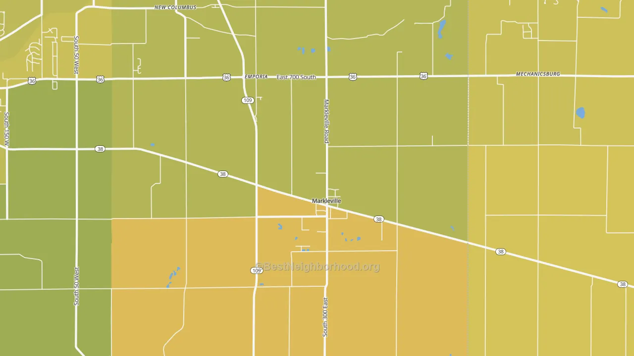Map of the best neighborhoods in the 46056 area, with better matches in green and worse matches in red