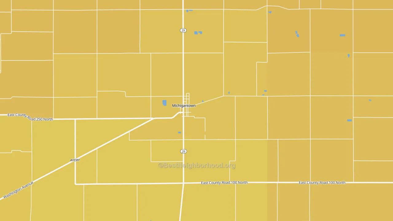 Map of the best neighborhoods in the 46057 area, with better matches in green and worse matches in red