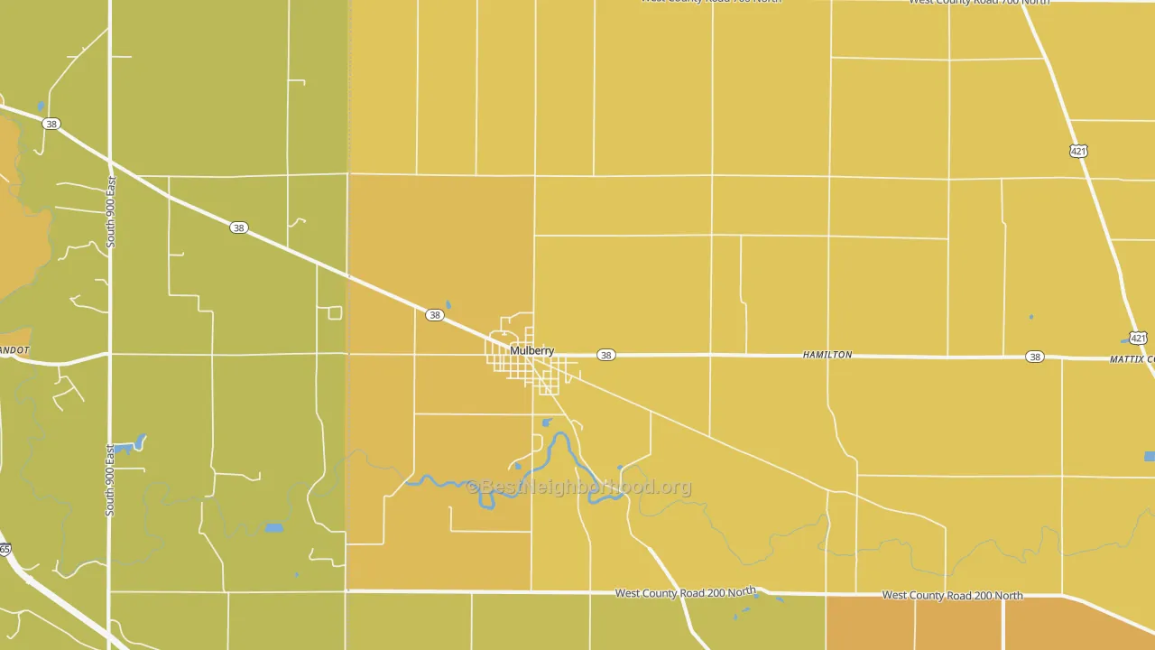 Map of the best neighborhoods in the 46058 area, with better matches in green and worse matches in red