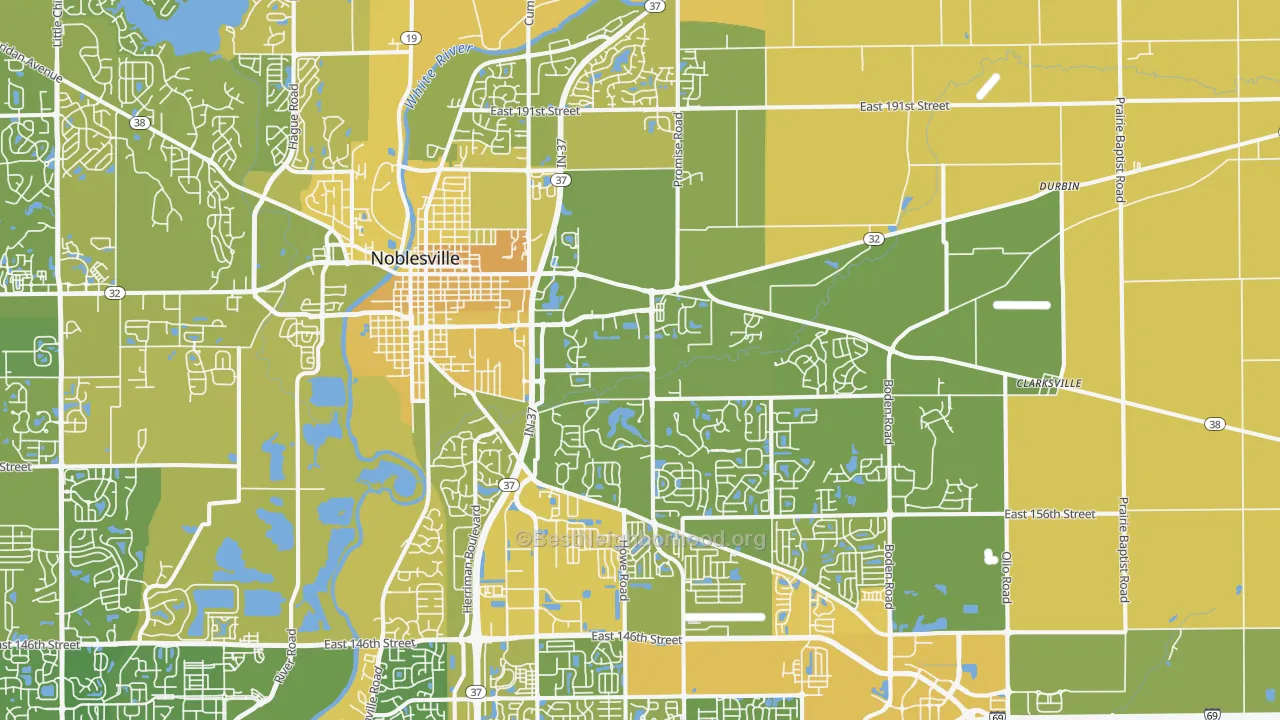 Map of the best neighborhoods in the 46060 area, with better matches in green and worse matches in red