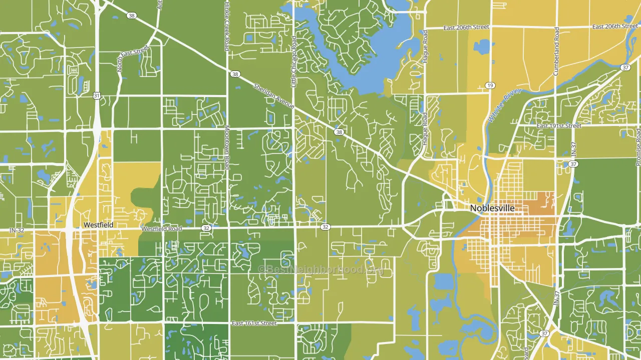 Map of the best neighborhoods in the 46062 area, with better matches in green and worse matches in red