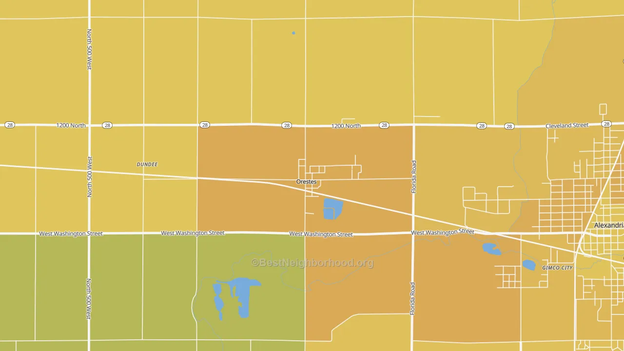 Map of the best neighborhoods in the 46063 area, with better matches in green and worse matches in red