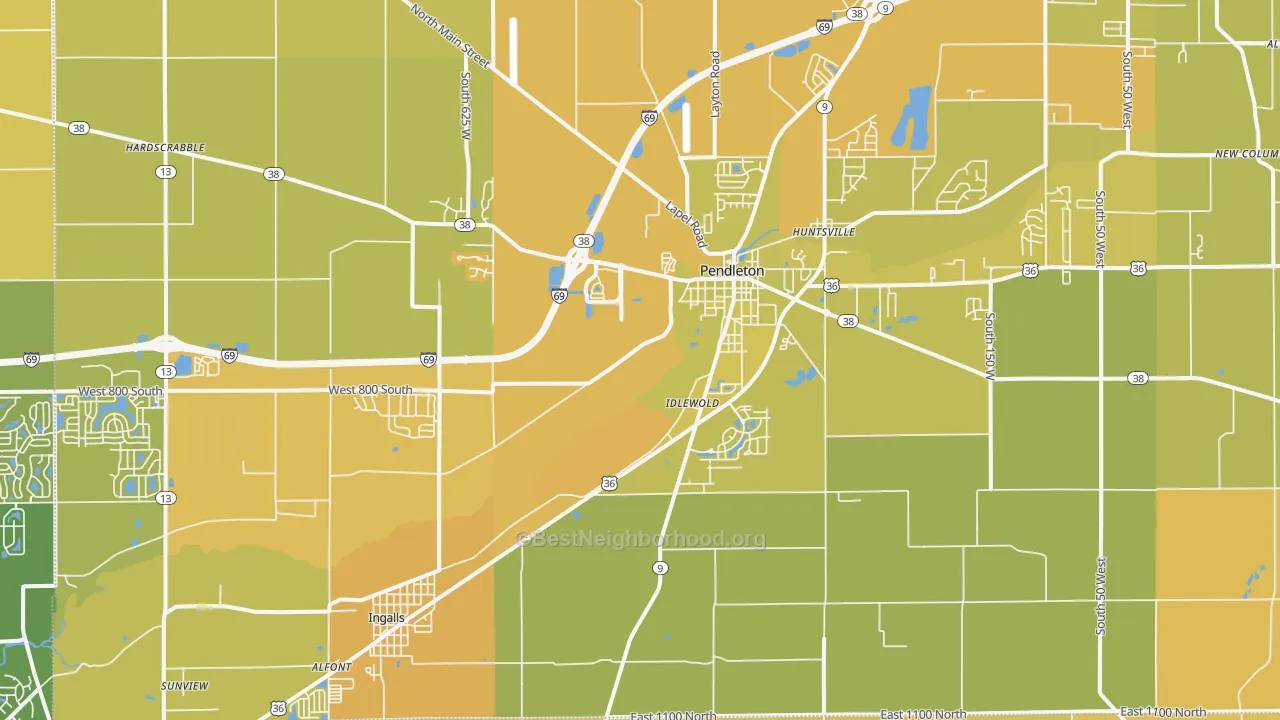 Map of the best neighborhoods in the 46064 area, with better matches in green and worse matches in red