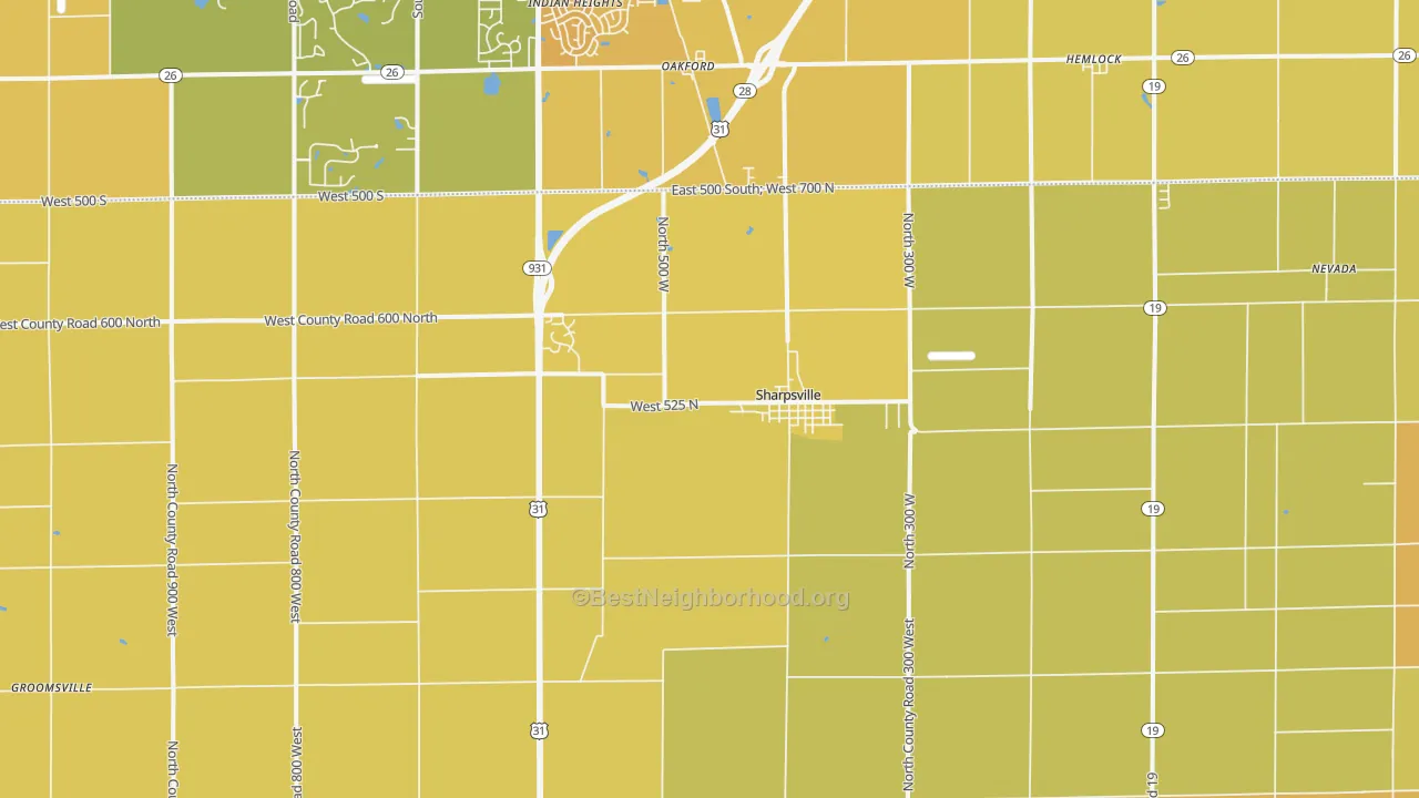 Map of the best neighborhoods in the 46068 area, with better matches in green and worse matches in red