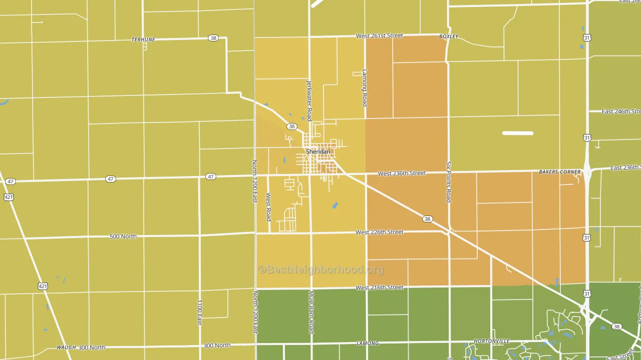 Map of the best neighborhoods in the 46069 area, with better matches in green and worse matches in red