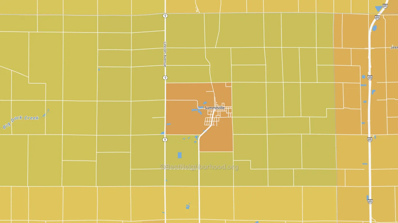 Map of the best neighborhoods in the 46070 area, with better matches in green and worse matches in red