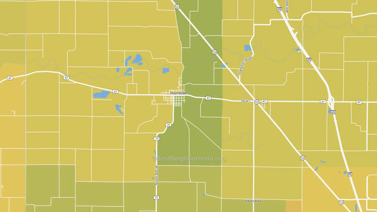 Map of the best neighborhoods in the 46071 area, with better matches in green and worse matches in red