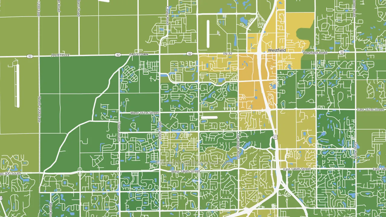 Map of the best neighborhoods in the 46074 area, with better matches in green and worse matches in red