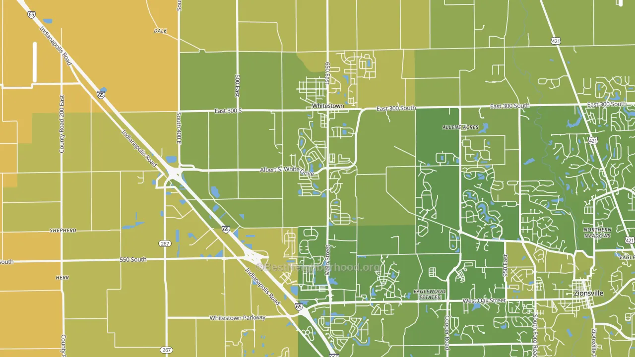 Map of the best neighborhoods in the 46075 area, with better matches in green and worse matches in red