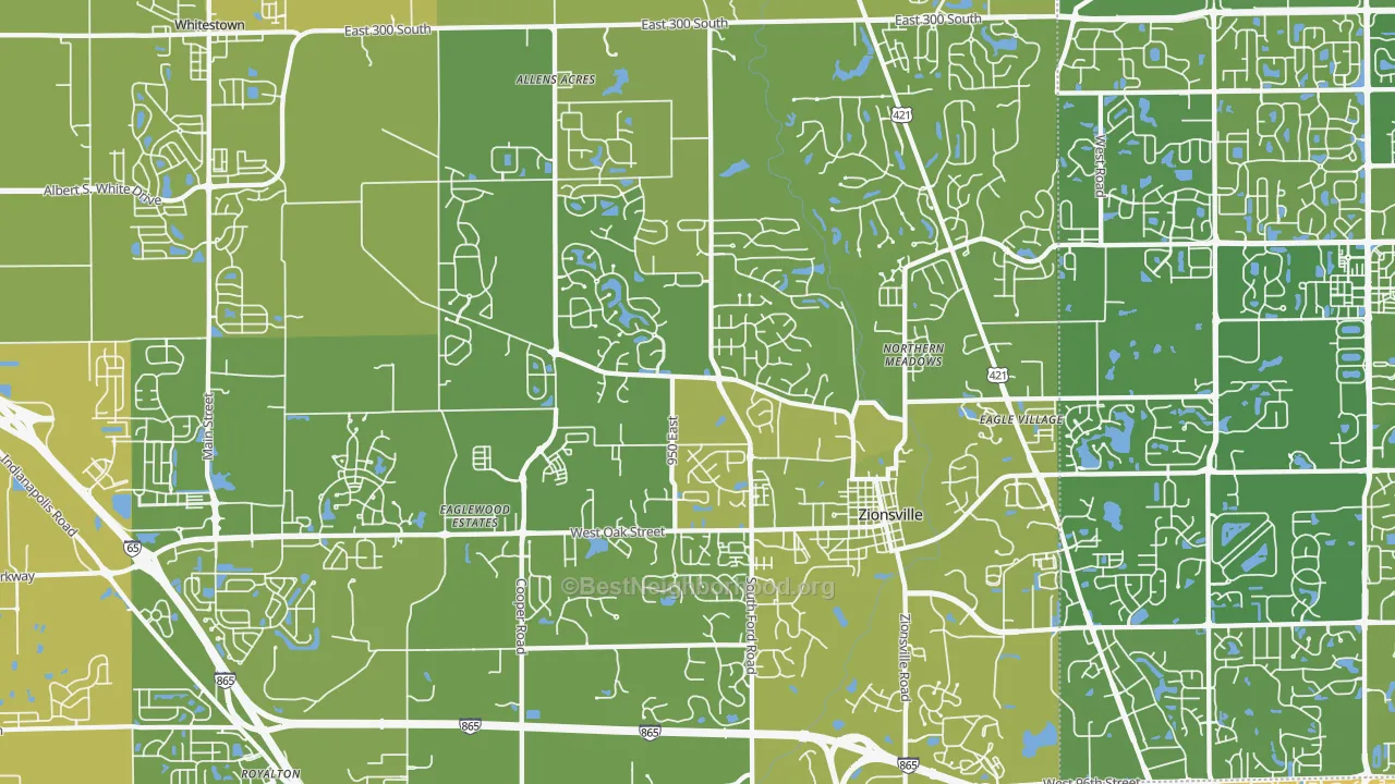 Map of the best neighborhoods in the 46077 area, with better matches in green and worse matches in red