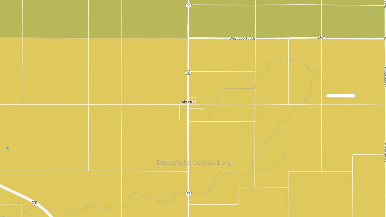 Map of the best neighborhoods in the 46102 area, with better matches in green and worse matches in red