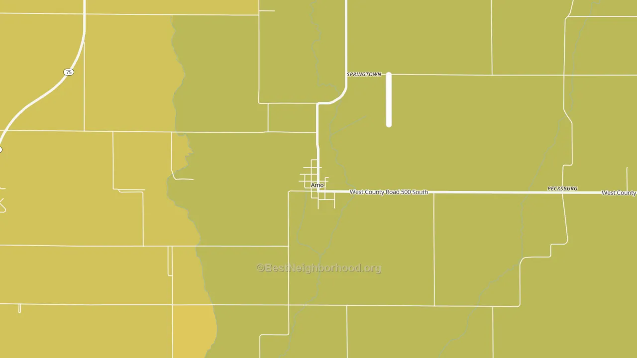 Map of the best neighborhoods in the 46103 area, with better matches in green and worse matches in red