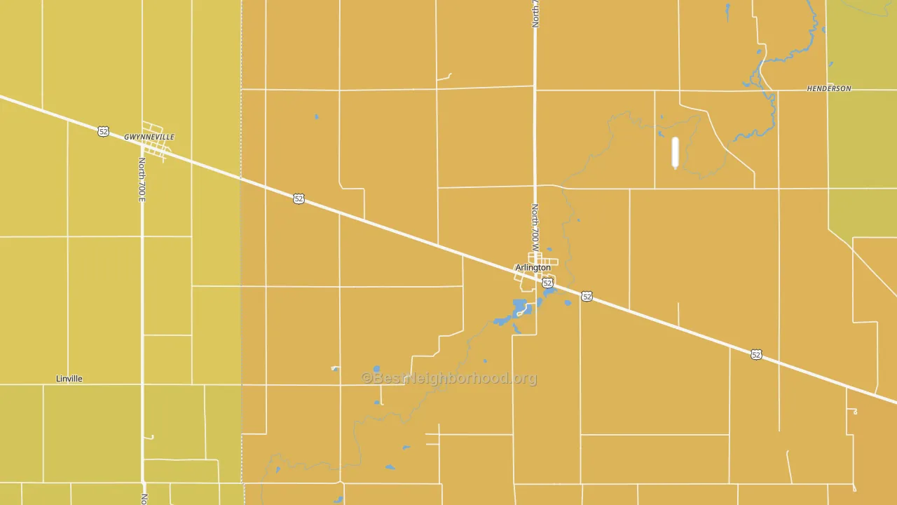 Map of the best neighborhoods in the 46104 area, with better matches in green and worse matches in red