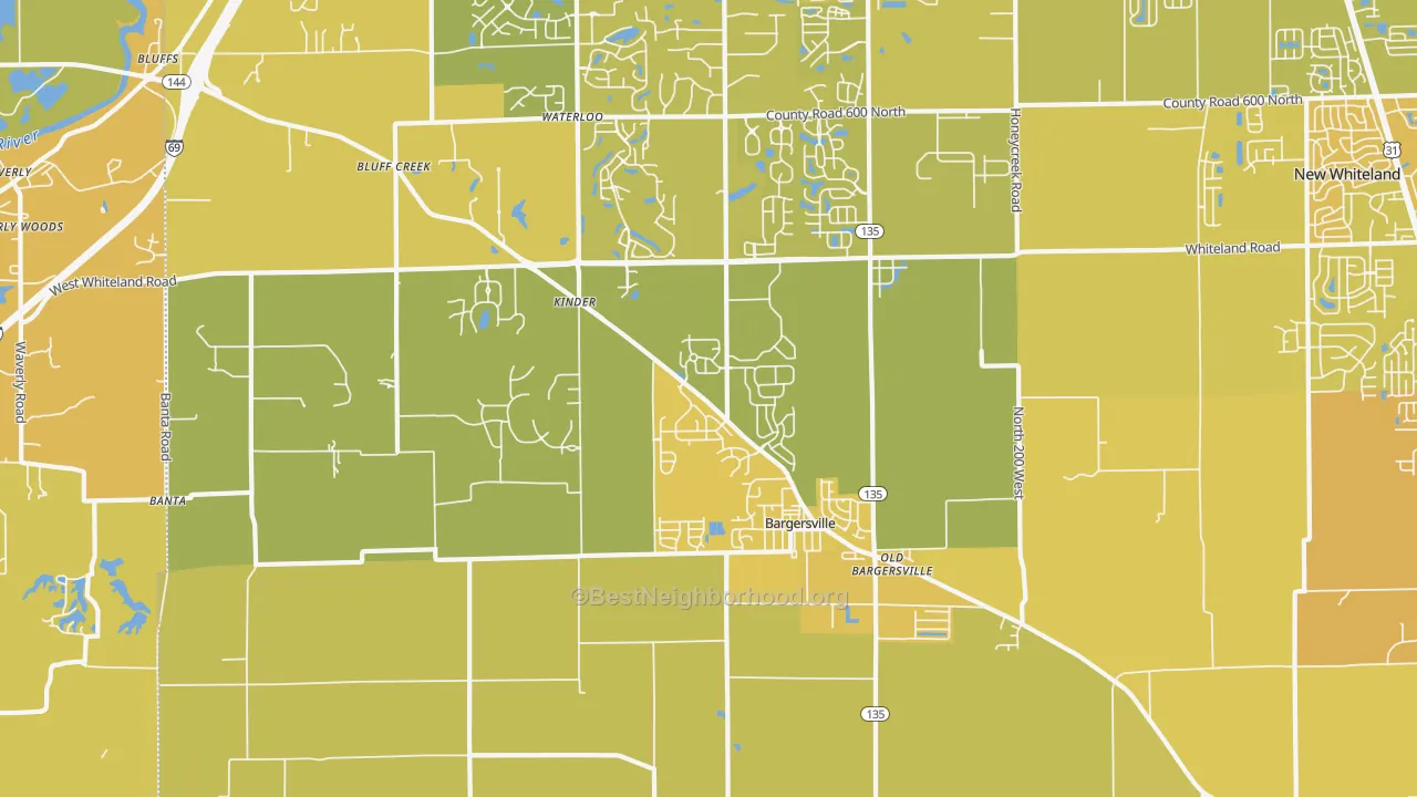 Map of the best neighborhoods in the 46106 area, with better matches in green and worse matches in red