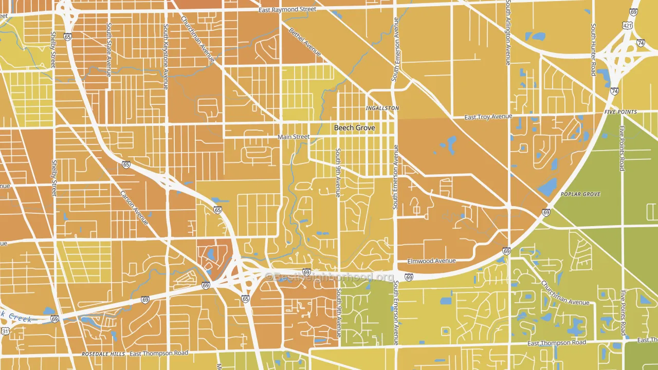 Map of the best neighborhoods in the 46107 area, with better matches in green and worse matches in red
