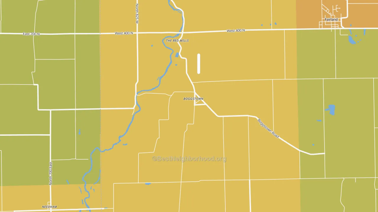 Map of the best neighborhoods in the 46110 area, with better matches in green and worse matches in red