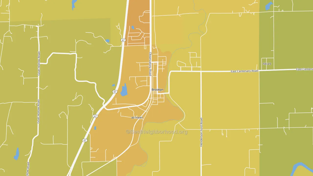 Map of the best neighborhoods in the 46111 area, with better matches in green and worse matches in red