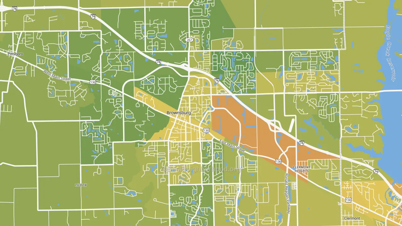 Map of the best neighborhoods in the 46112 area, with better matches in green and worse matches in red