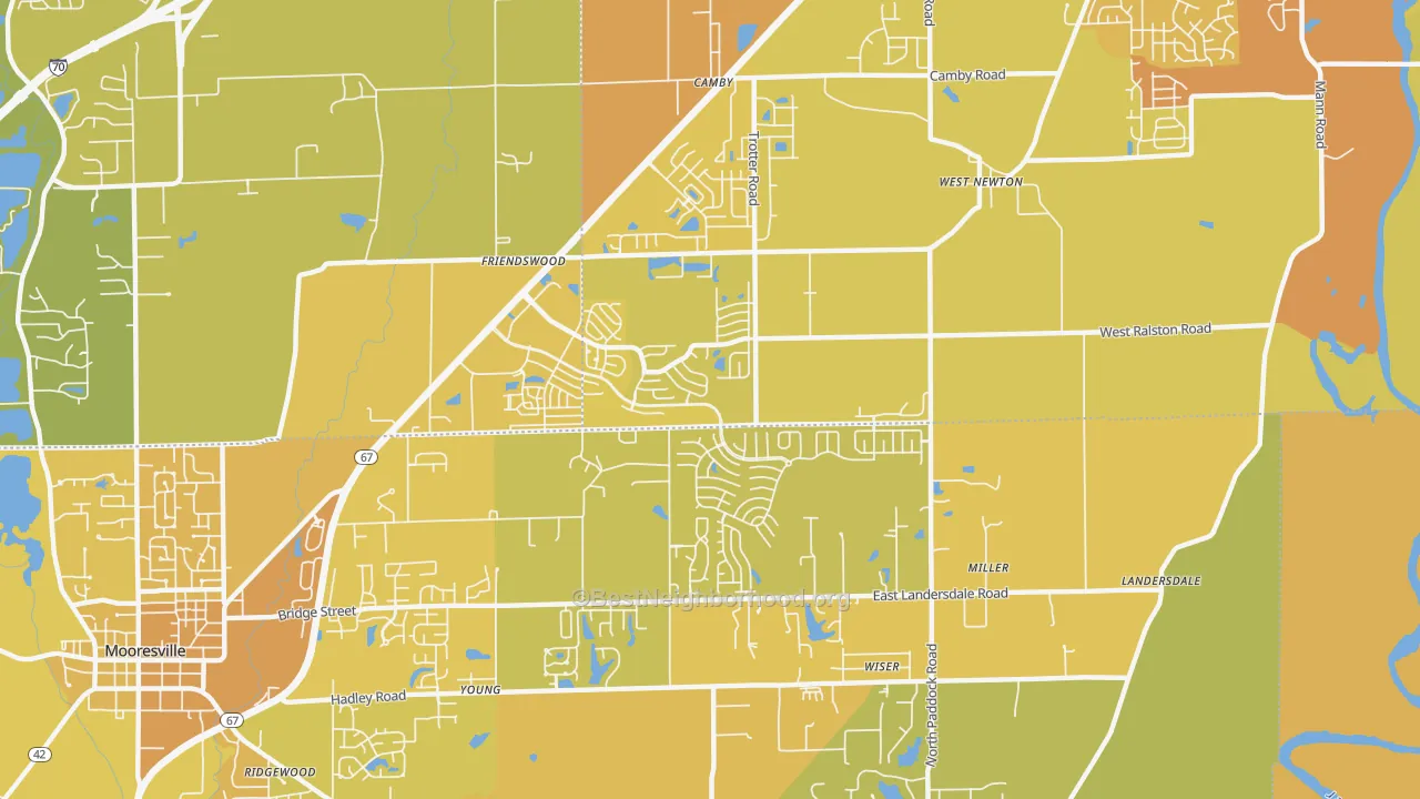 Map of the best neighborhoods in the 46113 area, with better matches in green and worse matches in red