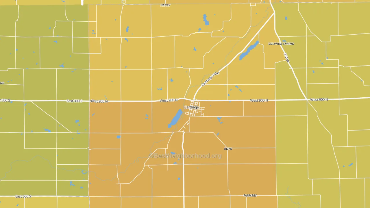 Map of the best neighborhoods in the 46115 area, with better matches in green and worse matches in red