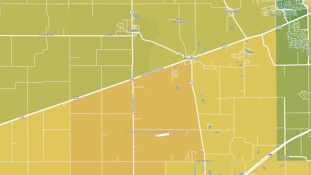 Map of the best neighborhoods in the 46118 area, with better matches in green and worse matches in red