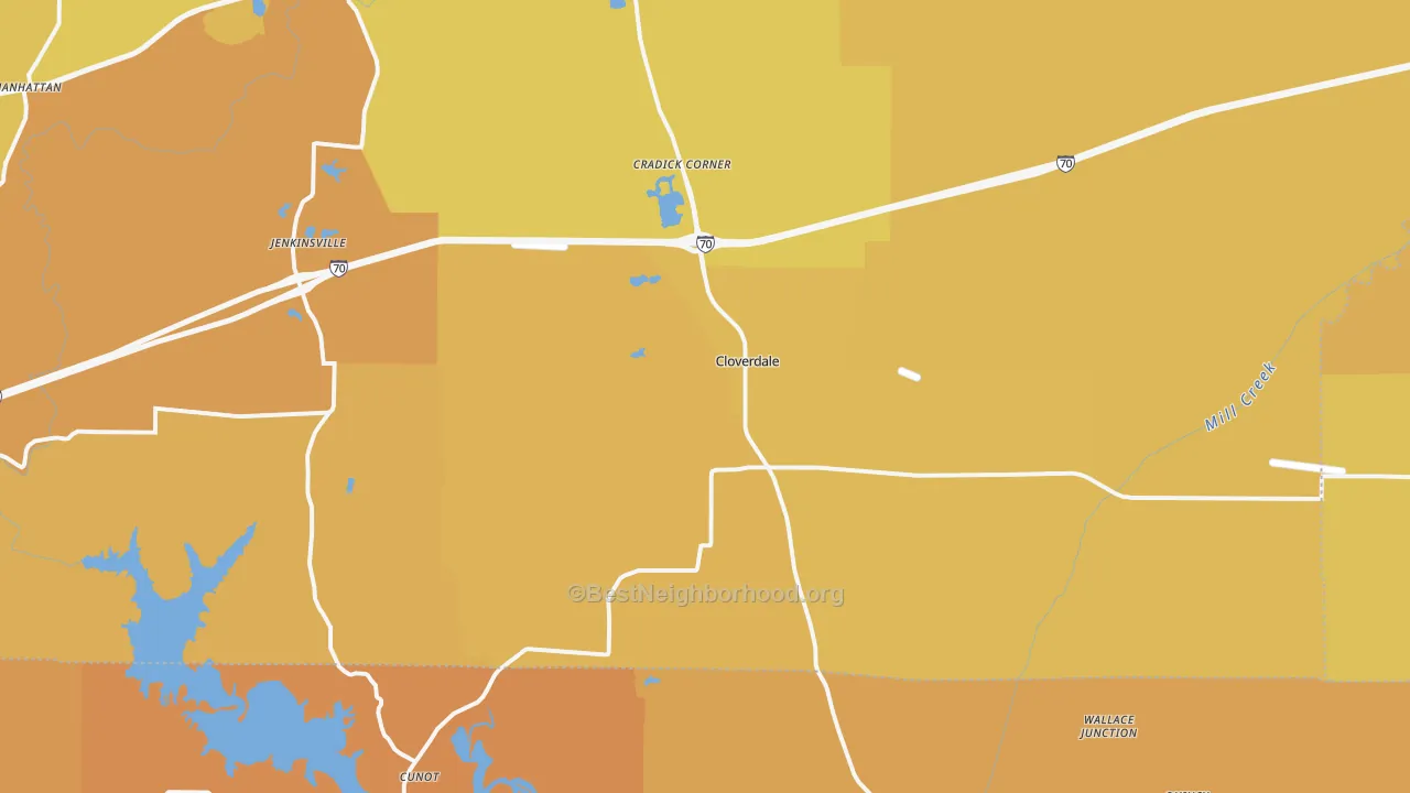 Map of the best neighborhoods in the 46120 area, with better matches in green and worse matches in red