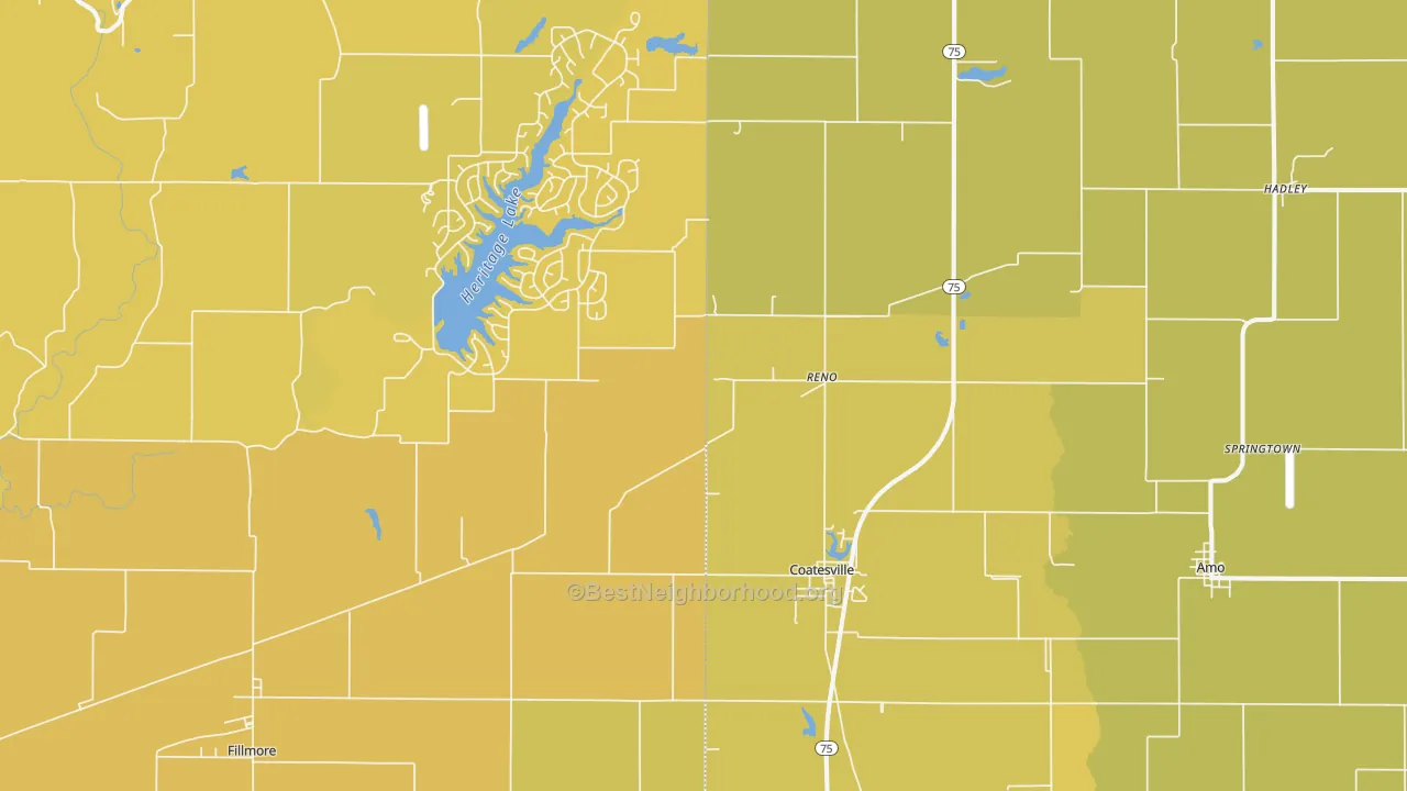 Map of the best neighborhoods in the 46121 area, with better matches in green and worse matches in red