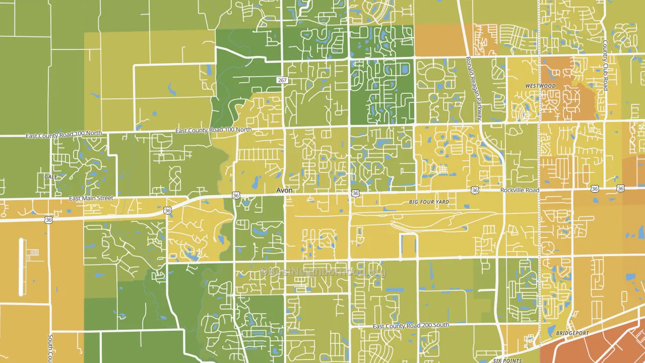 Map of the best neighborhoods in the 46123 area, with better matches in green and worse matches in red