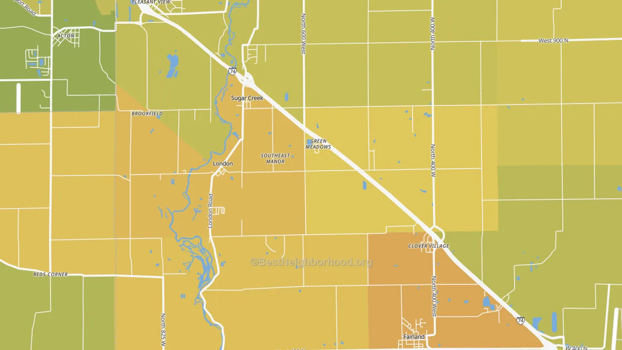 Map of the best neighborhoods in the 46126 area, with better matches in green and worse matches in red
