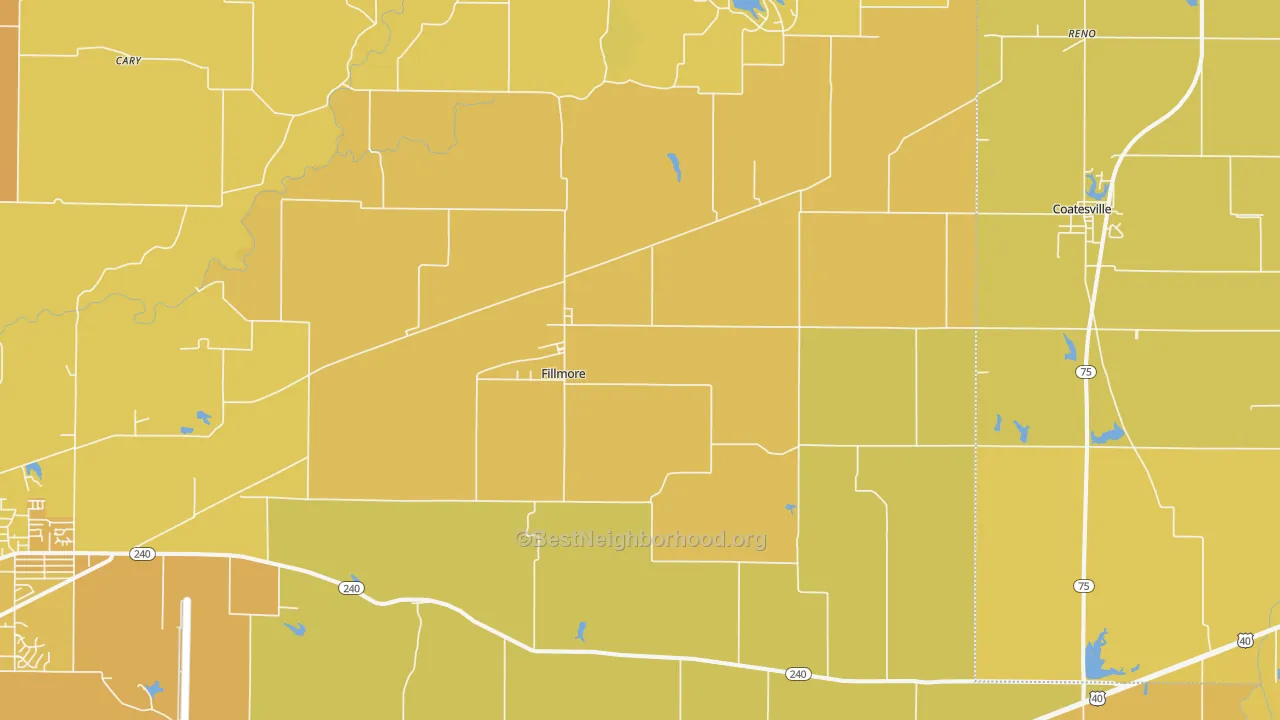 Map of the best neighborhoods in the 46128 area, with better matches in green and worse matches in red
