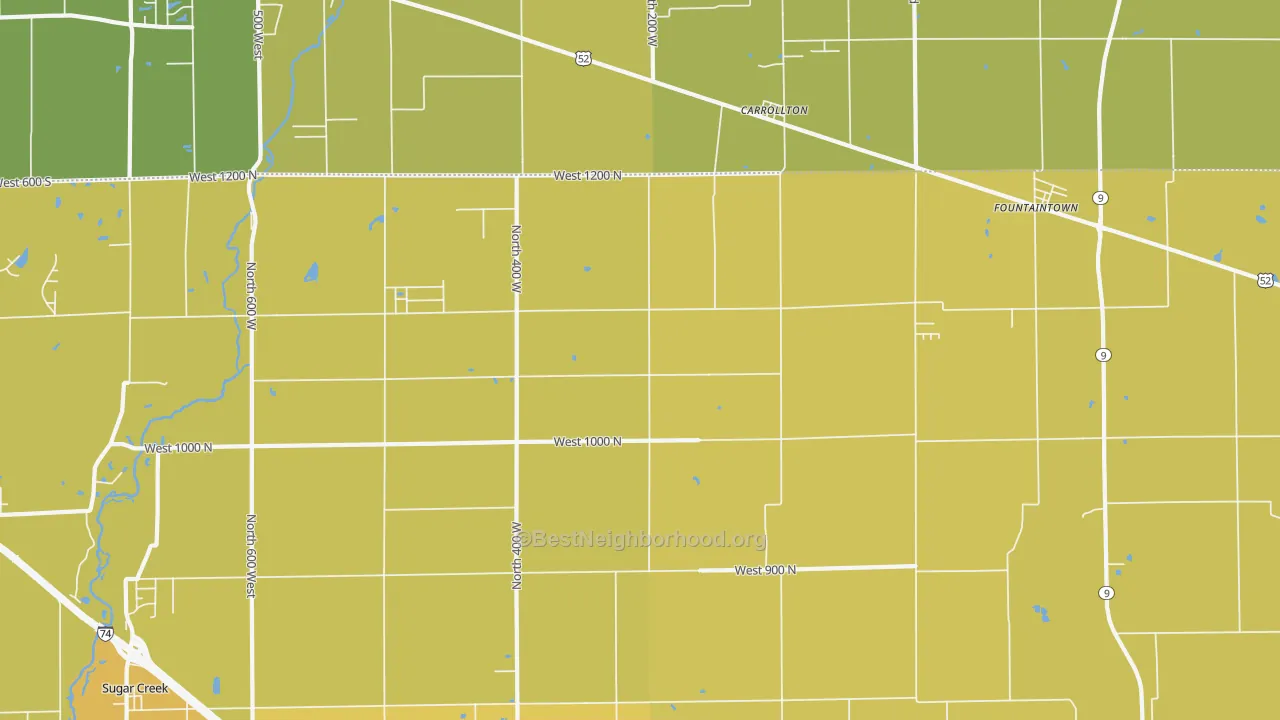 Map of the best neighborhoods in the 46130 area, with better matches in green and worse matches in red